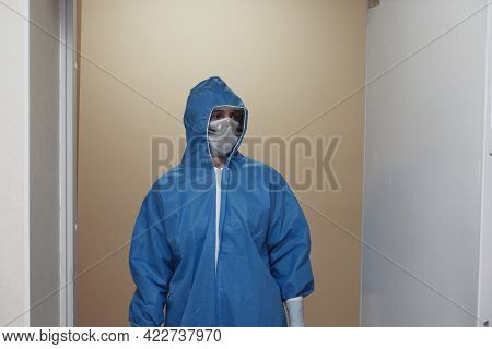 The Work Of A Radiologist In Antiviral Overalls In The X-ray Room For Diagnostics.
