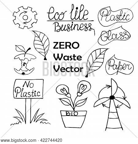 Big Set Of Vector Doodles With Zero Waste. Icons In Black Ink. Reuse Of Paper, Glass, And Plastic. E