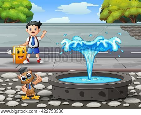 Cartoon A Student Waving Hand In The Roadside