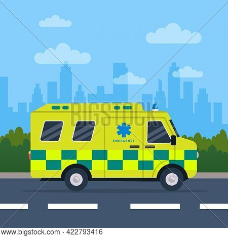 Ambulance Driving On The Road. Yellow And Green Ambulance Medical Service In Flat Style. Vehicle Eme