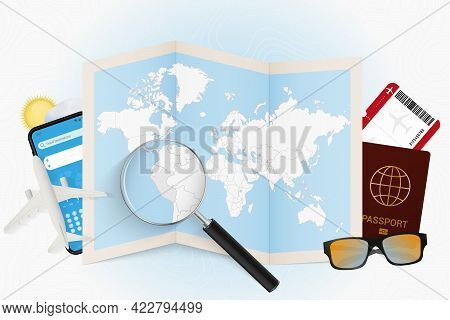 Travel Destination Peru, Tourism Mockup With Travel Equipment And World Map With Magnifying Glass On