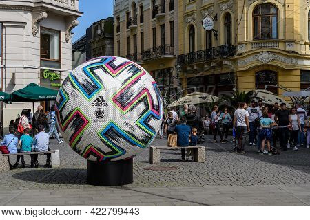 Bucharest, Romania, 5 June 2021 - Official Adidas Uniforia Large Match Ball Is Displayed In A Street
