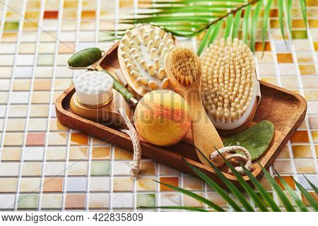 Jars Of Cream For Face And Body Care, Gold Eye Patches And Serum With Gold, Jade Roller Massager Gau