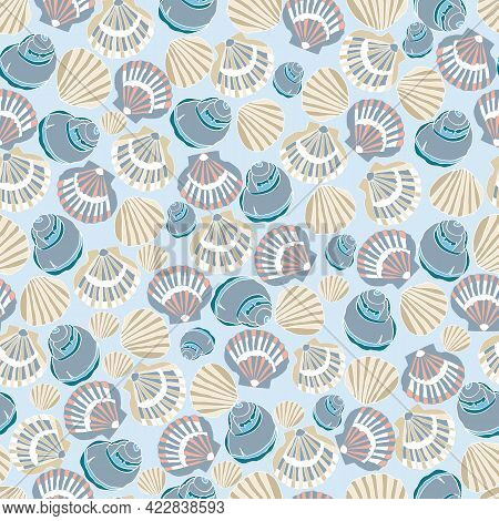 Nautical Beach Seamless Pattern Theme With Multi Seashells On Sky Blue Background.