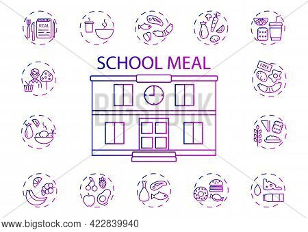 School Meal Concept Outline Icons Set. School Building Text Concept. Kids Menu. Healthy Eating Progr