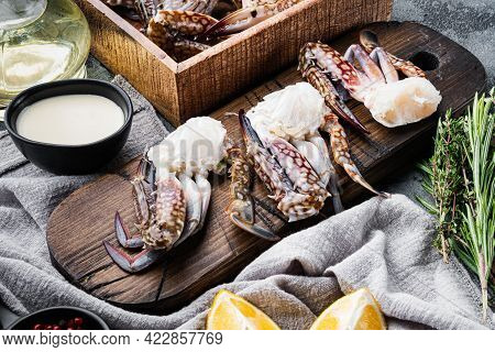 Fresh Raw Flower Crab Or Blue Crab Parts Set, On Gray Background