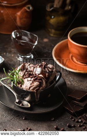 Chocolate Coffee Ice Cream Balls In A Bowl Over Dark Background