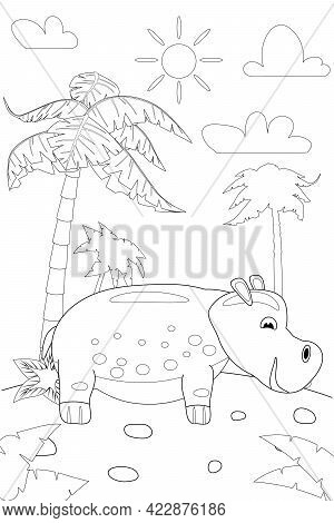 Jungle, Africa Safari Animal Hippo Coloring Book Edicational Illustration For Children. Vector White