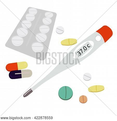 Vector Stock Illustration Of A Close-up Flu Pills, A Set Of Medicine For The Disease. Medicine. Isol