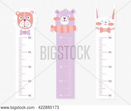Kids Meter Wall With Cute Animals Set, Stadiometer For Little Children Vector Illustration