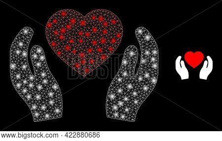 Constellation Mesh Romantic Heart Care Hands With Lightspots. Vector Frame Based On Romantic Heart C