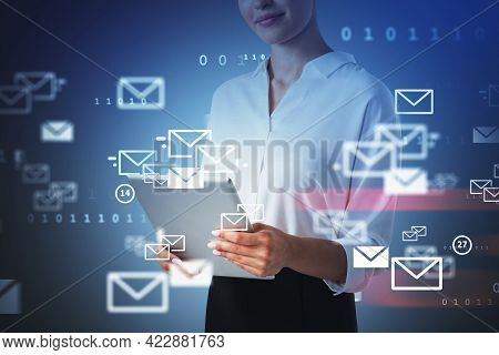 Young Office Woman Using Electronic Device, Double Exposure Of Inbox E-mails And Programming Code. C