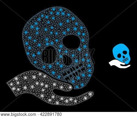 Glowing Mesh Hand Holds Skull With Glowing Spots. Vector Frame Based On Hand Holds Skull Icon. Flare