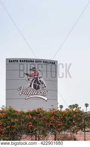 Santa Barbara, Ca, Usa - June 2, 2021: City College Facilities. Vaqueros Mascot Sign At La Playa Sta
