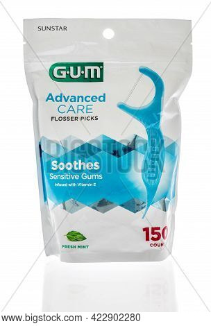 Winneconne, Wi - 29 May 2021:  A Package Of Gum Advanced Care Flosser Picks On An Isolated Backgroun