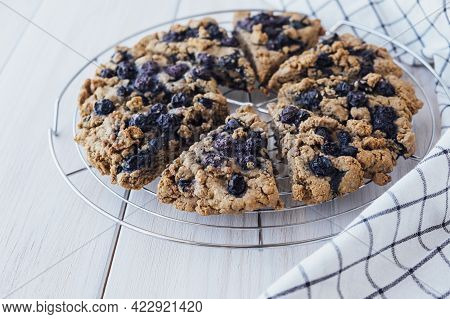 Oat Blueberry Scones On White Wooden Background. Vegan Pastry.