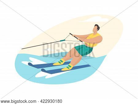 Water Skiing Attraction. Man In Life Jacket Rushes Over Waves Skis Holding Cable Of Boat. Extreme Fu