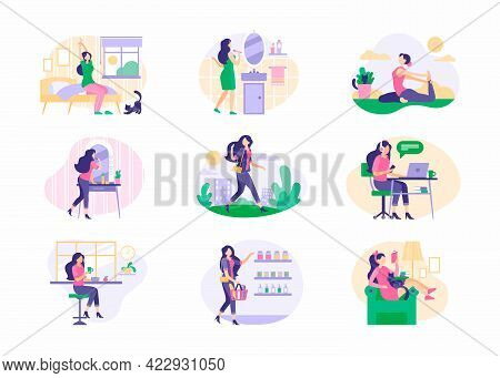 Scenes From Daily Routine Young Woman Set. Girl Wakes Up In Morning And Brushes Her Teeth Exercises 