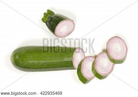 Sliced Zucchini Onion In A Zucchini - Weird Vegetables - Isolated On White