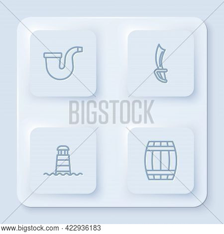 Set Line Smoking Pipe, Pirate Sword, Lighthouse And Wooden Barrel. White Square Button. Vector