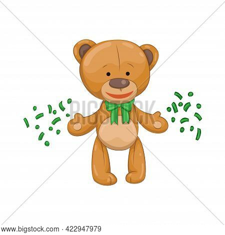 Teddy Bear. Cute Brown Cartoon Animal. Funny Symbol With Lot Of Money Or Confetti. Vector Sticker. T