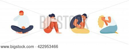 Suffering Unhappy People. Stress And Depression. Anxiety And Destructive Feelings. Vector Illustrati