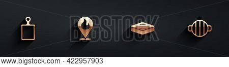 Set Cutting Board, Location With Fire Flame, Steak Meat And Barbecue Grill Icon With Long Shadow. Ve