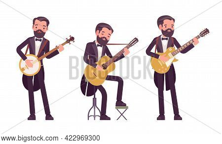 Musician, Elegant Tuxedo Man Playing Professional Banjo, Guitar Instruments. Classical Music Event, 