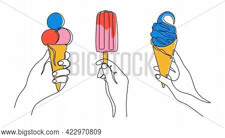 Continuous Line Ice Cream. One Line Female Hands Holding Cold Summer Sweet Desserts. Vector Modern C