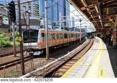 Nagano, Japan - May 2018 : Train Coming When People Waiting For Transportation, Japan