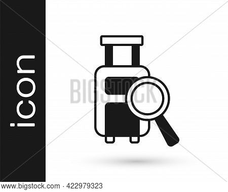 Black Airline Service Of Finding Lost Baggage Icon Isolated On White Background. Search Luggage. Vec
