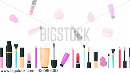 Make Up Beauty Cosmecics Horizontal Banner. Flat Vector Template Background