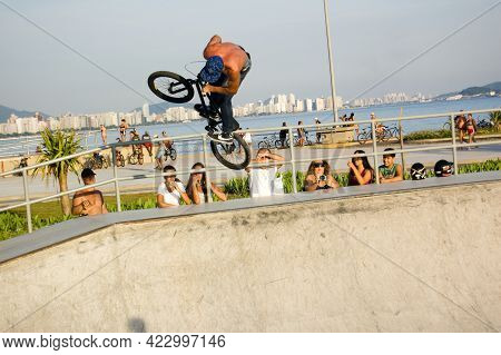 São Paulo Brazil. Feb 25, 2009: Young Man Training For Bike Competition In Santos Beach Track.