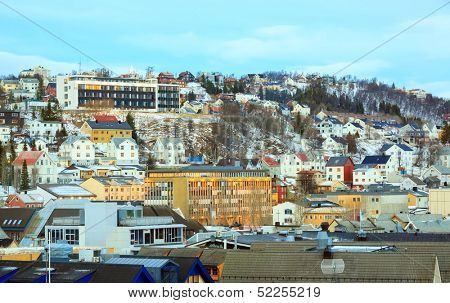 Tromso Cityscape at dusk Troms Norway