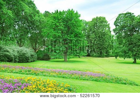 Summer Park With Lawn And Flower Garden