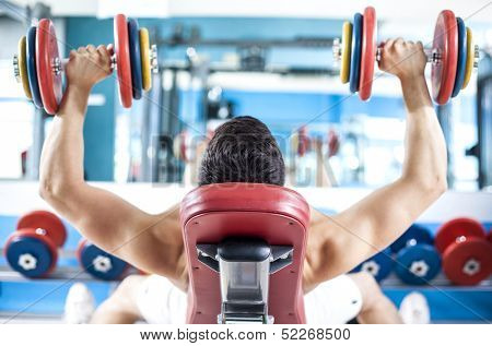 Back view of a stong man lifting weights in the gym