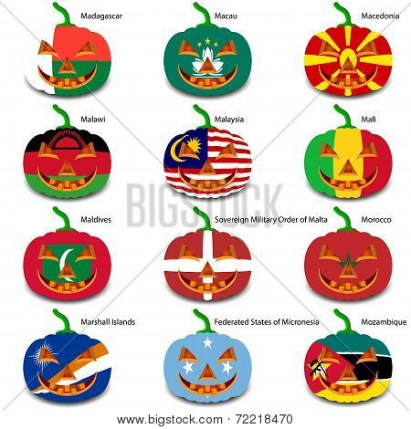 Set pumpkins for Halloween as a flags of the world. Vector illus