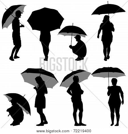 Black silhouettes man and woman under umbrella.