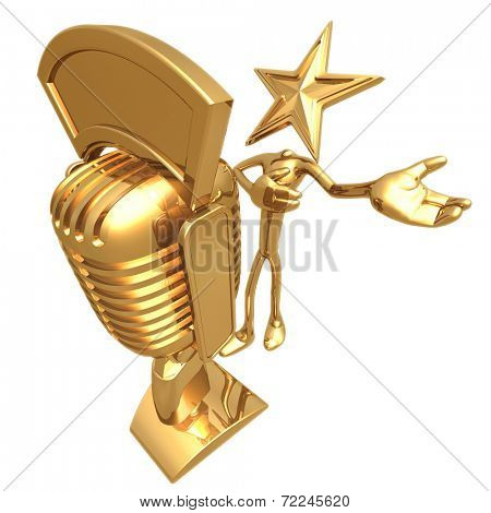 Star Singing Into A Golden Retro Microphone