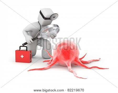 Medic with magnifying glass explores the disease or cancer cell