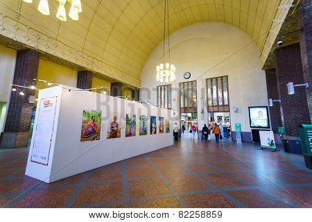 HELSINKI, FINLAND - SEP 03: train station interior on September 03, 2014. Helsinki Central railway station is a widely recognised landmark in Kluuvi, part of central Helsinki, Finland