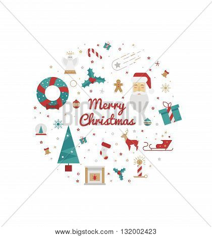 Christmas Card 2016 Circle with elements of mistletoe Santa Claus Christmas tree gift snowflake. Color illustration style poster flet