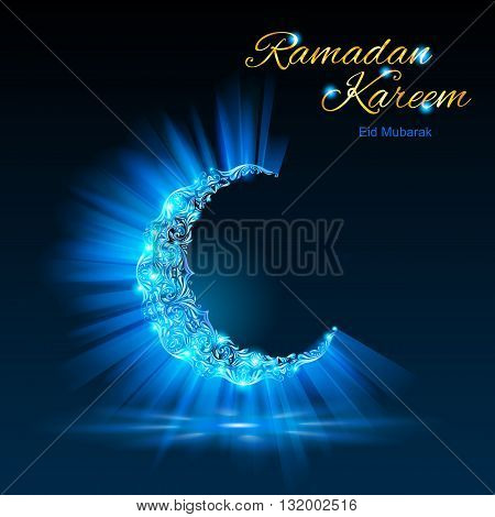 Glowing ornate crescent with bright flare and radiance in blue-green shades. Greeting card of holy Muslim month Ramadan