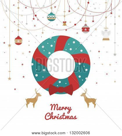 Vector card in retro style for Christmas. Advent wreath with deer decorated garland card and Christmas toys. Print for the New Year 2016