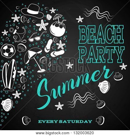 beach party on chalk board. white symbols and blue letters in marine style. composition in the form of half a heart