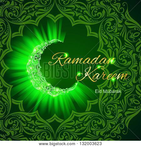 Glowing ornate crescent with bright flare and radiance in vibrant shades. Greeting card of holy Muslim month Ramadan