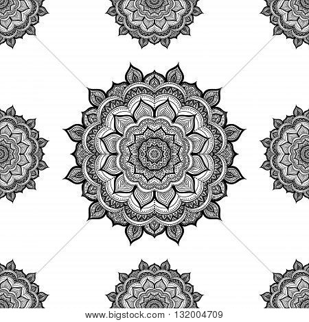 Doodle mandala. Vector seamless pattern with hand drawn doodle mandala. Indian tribal ornament. Black and white colors.