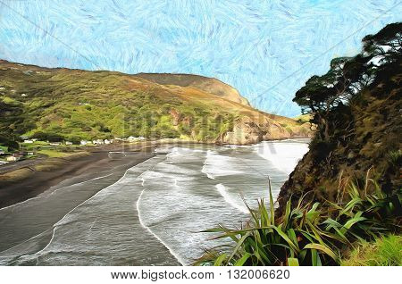 View of Piha beach from top of lion's rock in New Zealand