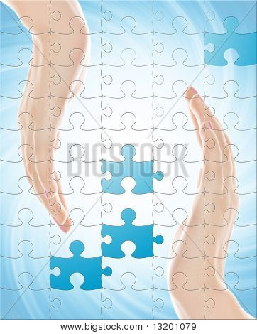 Two hands isolated over abstract background with puzzle effect
