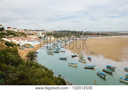 Panoramic view over the lagoon with fisher boats at Moulay Bousselham, Morocco, Africa
